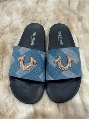 True Religion Blue Denim Slide Sandals with Gold Logo